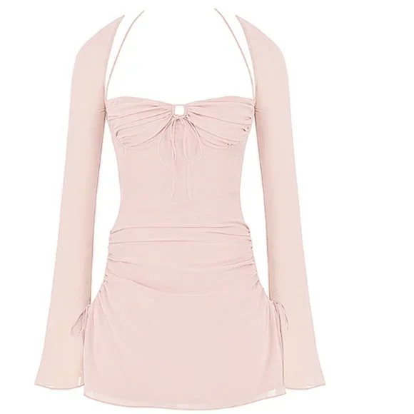 HOUSE OF CB 'Baby' Pink Quartz Chiffon Cutout Halter Mini Dress NWOT